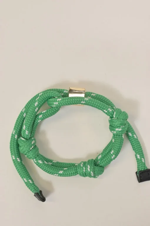 Green nylon and cord rope bracelet with gold-finish metallic logo plaque