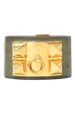 Green ostrich leather Collier de Chien bracelet with gold-finish hardware