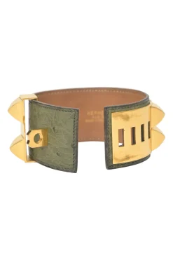 Green ostrich leather Collier de Chien bracelet with gold-finish hardware