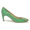 Green patent leather round-toe Trompette comma heel pumps