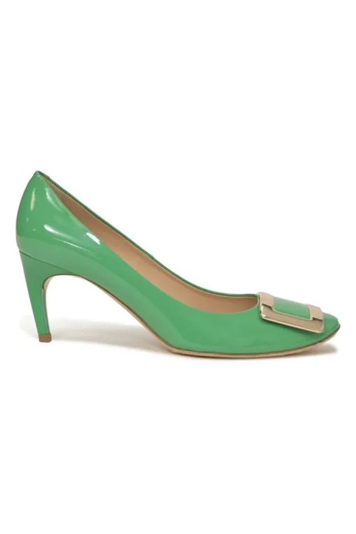 Green patent leather round-toe Trompette comma heel pumps
