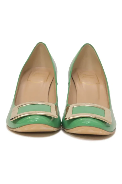 Green patent leather round-toe Trompette comma heel pumps