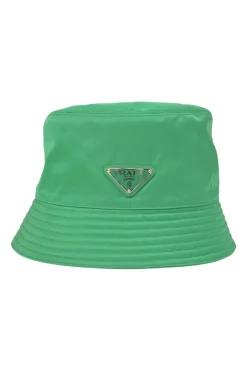 Green polyamide bucket hat featuring tonal metallic logo plaque appliqué