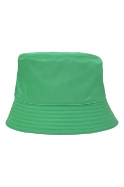 Green polyamide bucket hat featuring tonal metallic logo plaque appliqué
