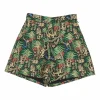 Green polyester palm and monkey metallic jacquard pull-on high-rise shorts with darted waistband