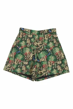 Green polyester palm and monkey metallic jacquard pull-on high-rise shorts with darted waistband