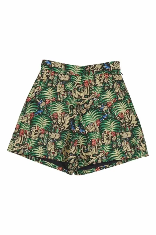 Green polyester palm and monkey metallic jacquard pull-on high-rise shorts with darted waistband