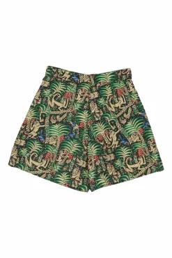 Green polyester palm and monkey metallic jacquard pull-on high-rise shorts with darted waistband