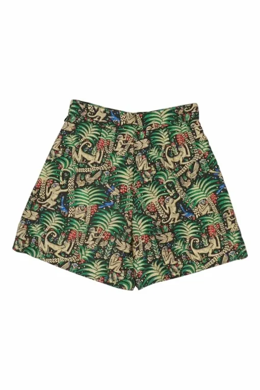Green polyester palm and monkey metallic jacquard pull-on high-rise shorts with darted waistband