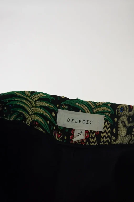 Green polyester palm and monkey metallic jacquard pull-on high-rise shorts with darted waistband