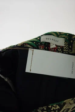 Green polyester palm and monkey metallic jacquard pull-on high-rise shorts with darted waistband