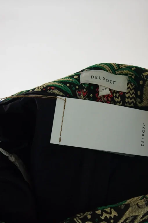 Green polyester palm and monkey metallic jacquard pull-on high-rise shorts with darted waistband