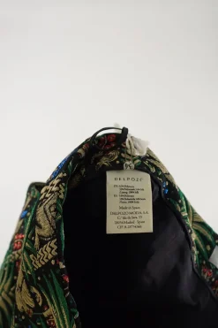 Green polyester palm and monkey metallic jacquard pull-on high-rise shorts with darted waistband