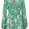 Green polyester two-tone graphic floral print plunge neck ruffle romper with blouson sleeves and fixed buckle waist belt