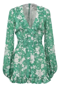 Green polyester two-tone graphic floral print plunge neck ruffle romper with blouson sleeves and fixed buckle waist belt