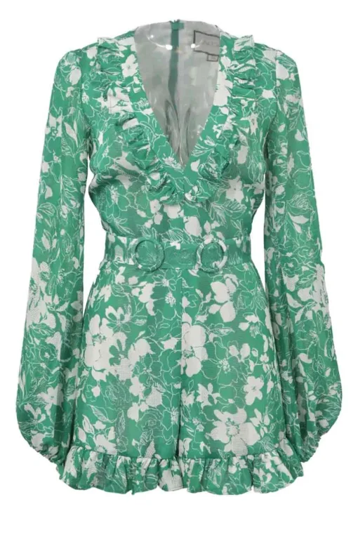 Green polyester two-tone graphic floral print plunge neck ruffle romper with blouson sleeves and fixed buckle waist belt