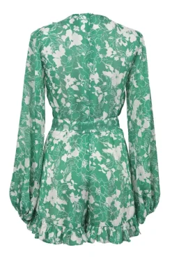 Green polyester two-tone graphic floral print plunge neck ruffle romper with blouson sleeves and fixed buckle waist belt