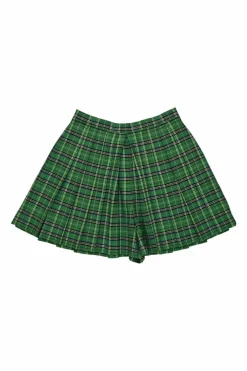 Green polyester-blend plaid high-waist pleated mini skort