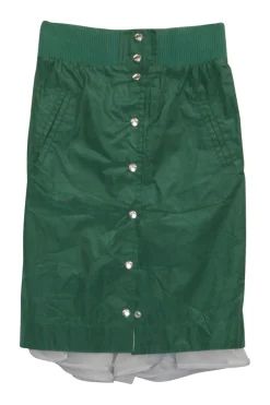 Green polyester-blend snap-front pencil skirt with ribbed waistband