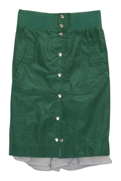Green polyester-blend snap-front pencil skirt with ribbed waistband