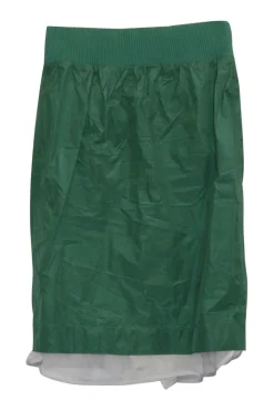 Green polyester-blend snap-front pencil skirt with ribbed waistband