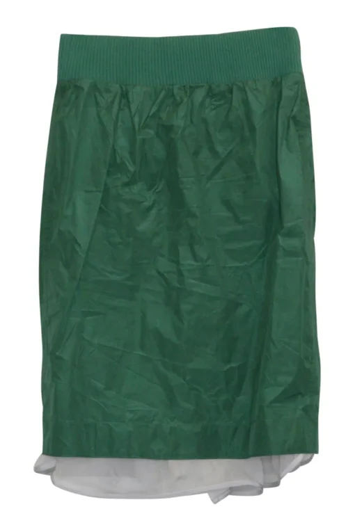 Green polyester-blend snap-front pencil skirt with ribbed waistband