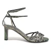 Green python skin round-toe heeled sandals with stacked buckle strap fastening