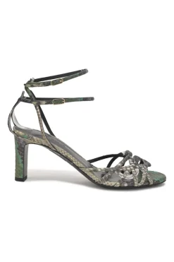 Green python skin round-toe heeled sandals with stacked buckle strap fastening