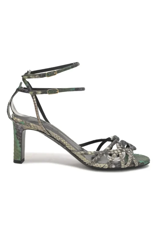 Green python skin round-toe heeled sandals with stacked buckle strap fastening
