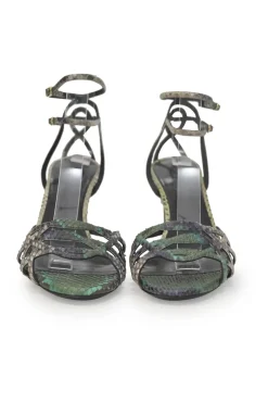 Green python skin round-toe heeled sandals with stacked buckle strap fastening