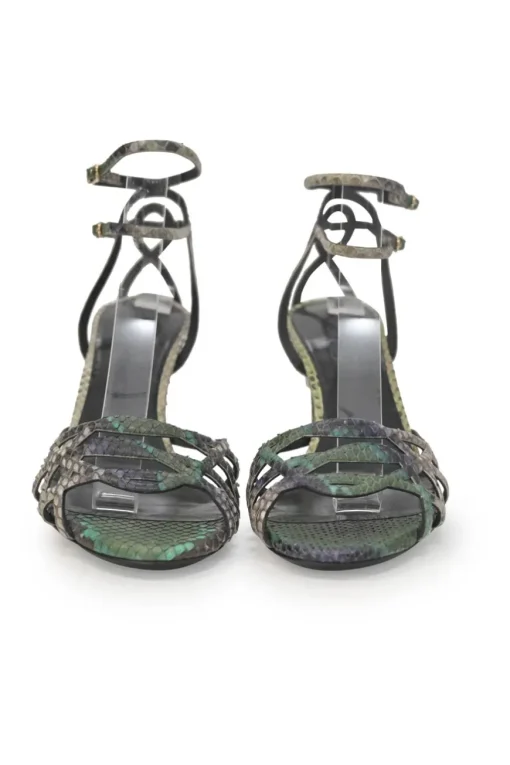 Green python skin round-toe heeled sandals with stacked buckle strap fastening