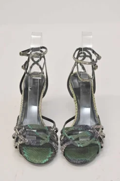Green python skin round-toe heeled sandals with stacked buckle strap fastening