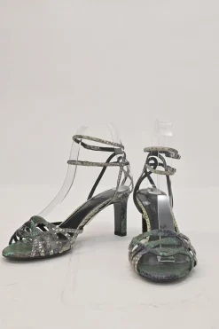 Green python skin round-toe heeled sandals with stacked buckle strap fastening