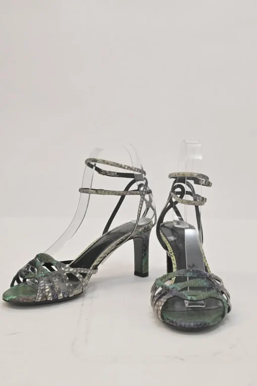 Green python skin round-toe heeled sandals with stacked buckle strap fastening