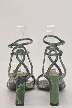 Green python skin round-toe heeled sandals with stacked buckle strap fastening