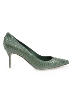 Green python-embossed pointed toe pumps with stiletto heel