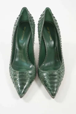 Green python-embossed pointed toe pumps with stiletto heel