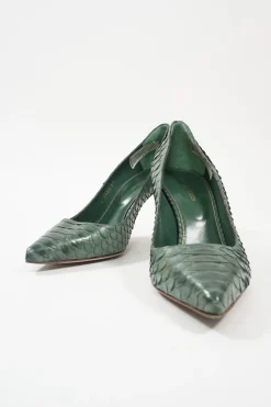 Green python-embossed pointed toe pumps with stiletto heel