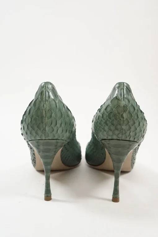Green python-embossed pointed toe pumps with stiletto heel