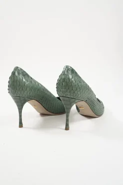 Green python-embossed pointed toe pumps with stiletto heel
