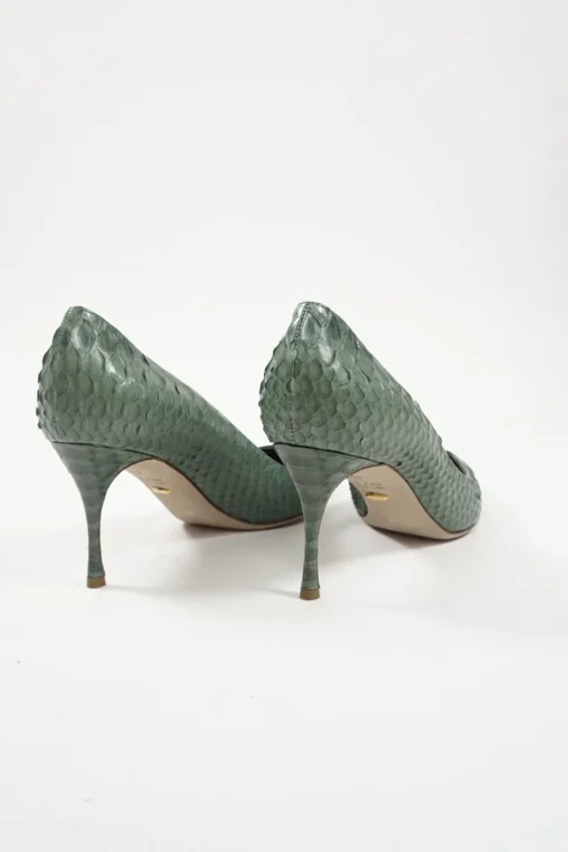 Green python-embossed pointed toe pumps with stiletto heel