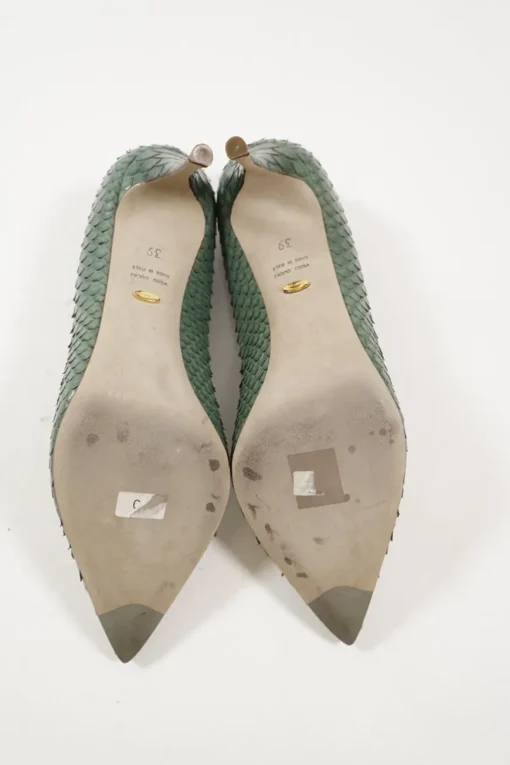 Green python-embossed pointed toe pumps with stiletto heel