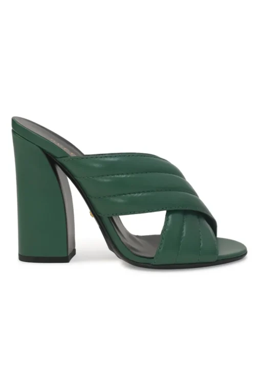 Green quilted leather round-toe Webby criss-cross strap block heel mules