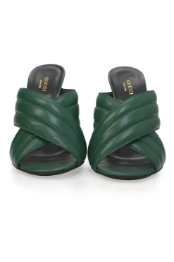 Green quilted leather round-toe Webby criss-cross strap block heel mules