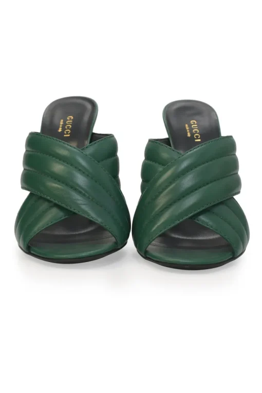 Green quilted leather round-toe Webby criss-cross strap block heel mules