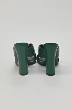 Green quilted leather round-toe Webby criss-cross strap block heel mules
