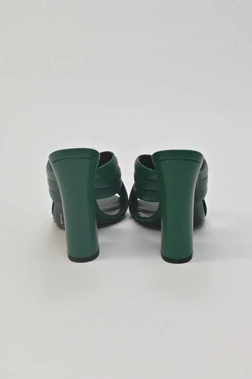 Green quilted leather round-toe Webby criss-cross strap block heel mules