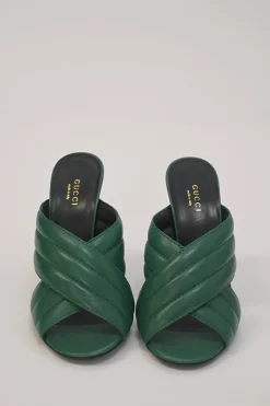 Green quilted leather round-toe Webby criss-cross strap block heel mules