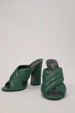 Green quilted leather round-toe Webby criss-cross strap block heel mules