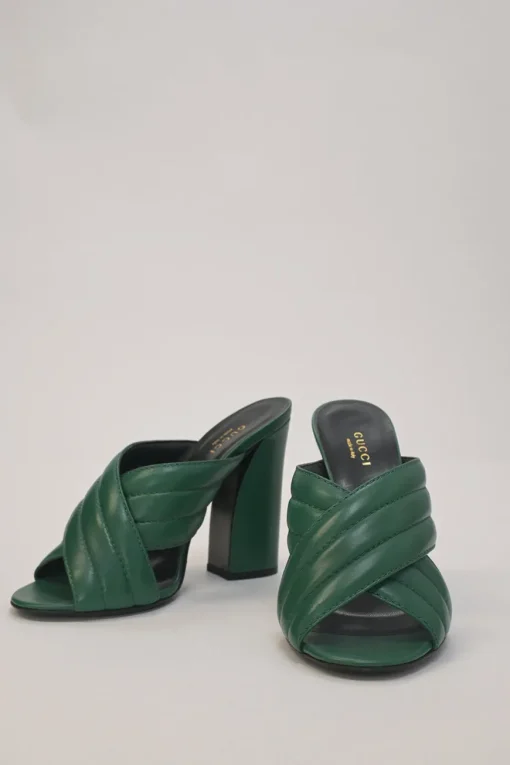 Green quilted leather round-toe Webby criss-cross strap block heel mules